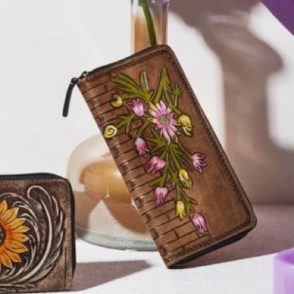 Floral handcrafted leather wallet by Myra. Each unique.